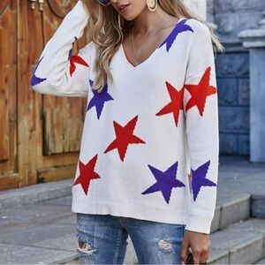 Stars Printed oversized Lightweight White, Red and Blue Sweater Small
